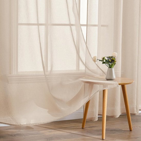Glasgordijn, polyester voilegordijn met ingestanste ringen, transparante vitrage, luchtig, decoratief, voor slaapkamer en woonkamer, set van 2 gordijnen, 140 X 245 cm (b x h), beige