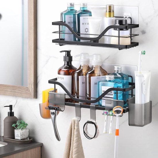 Doucheplank zonder boren, 2 stuks, zwart, van roestvrij staal, rek, zelfklevend, wandrek met 10 haken, doucheplank voor shampoohouder voor badkamer en keuken