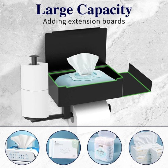Black Toilet Paper Holder, No Drilling Toilet Paper Holder with Wet Wipes Box, Stainless Steel Paper Holder for Toilet and Bathroom Wall Mount