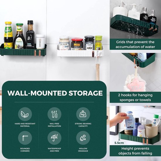 Groene badkamerplank zonder boren, doucheplank. Kunststof opbergorganisator badkamer regenjas, keuken, toilet. Multifunctioneel zelfklevend plankje met 2 haken (2 planken)