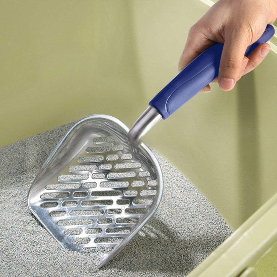 Kattenbakschep, robuuste metalen schep voor huisdierstrooisel, gemakkelijk te reinigen, blauw, wit, zwart, willekeurig sturen (35 x 14 x 14 x 4 cm)