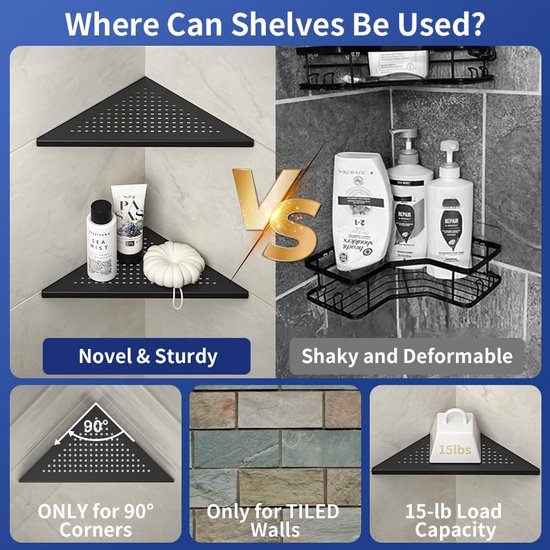 Hoekplank, doucheplank, 304 roestvrij staal, zonder boren, voor badkamer, shampoohouder, organizer, vierkant gat 253 x 253 x 355 mm, zwart, 2 stuks