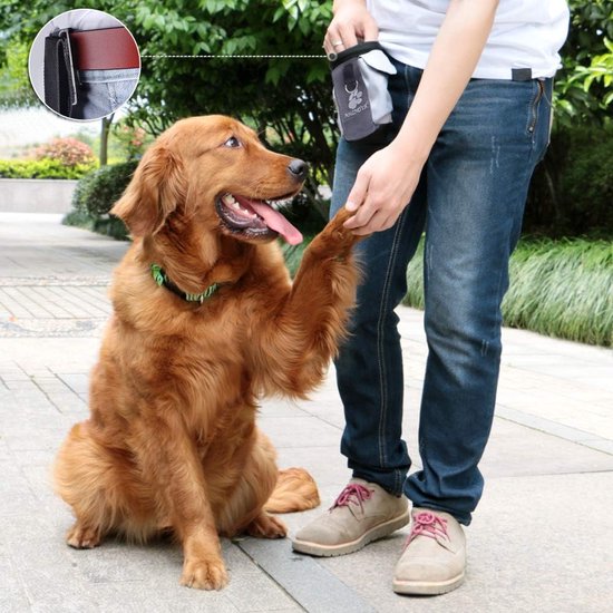 Hondenvoederzak, draagbare voedertas voor honden om te wandelen, met riemclip en afneembare tailleband, handen vrij voor het dragen van speelgoed, kibble en lekkernijen, grijs