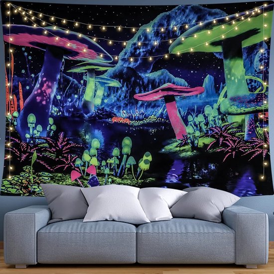 Black Light Mushroom Tapestry Galaxy Space Tapestry UV Reactive Poster Plant Landscape Tapestry Starry Sky Wall Hanging for Bedroom Home Decoration