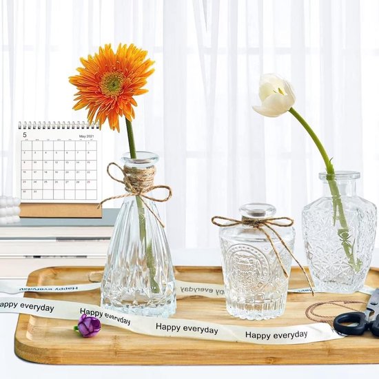 Mini-vazenset, 10 stuks, kleine glazen vaazen, vintage decoratieve vazen, set verschillende maten, bloemenvaas voor tafeldecoratie, middenstukken, bruiloftsdecoraties, transparant