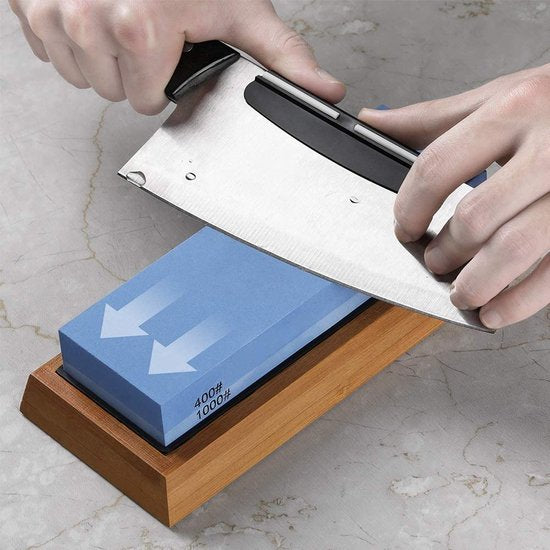 Whetstone Set, dubbelzijdige 400/1000 en 3000/8000 grit slijpstenen met dressing steen, hoekgeleider, bamboe basis, leren strips, voor het slijpen en polijsten van metalen mesjes (platte basis)