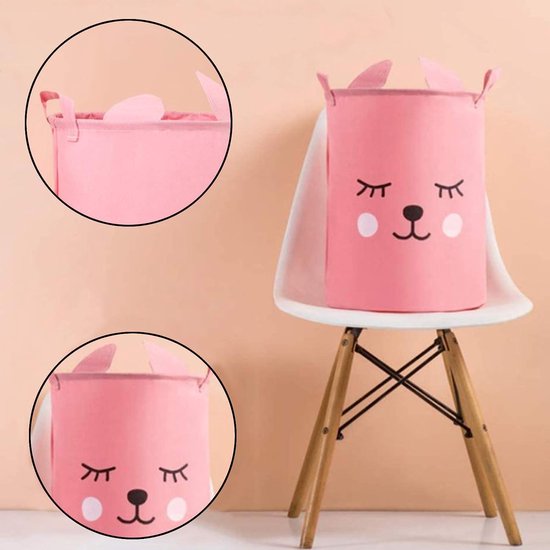 Konijntje wasmand, opbergmand, wasmand met handgrepen van canvas, opvouwbare opbergdoos, waterdichte ronde opbergmand voor slaapkamer, kleding, was, konijnen met roze wimpers