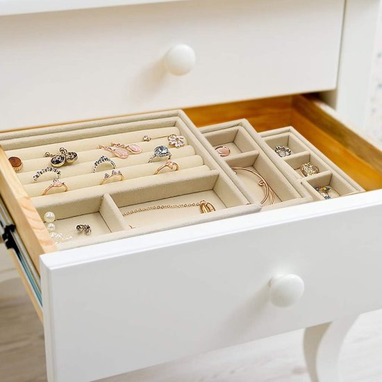 Fluwelen sieradenorganizer, 4 laden, sieradenorganizer voor oorbellen / armband / armband / ketting en ringen, opbergdoos voor sieraden, oorbellenhouder, stof, grijs