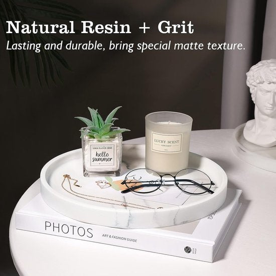 Cosmetisch dienblad, ronde harsdienblad, keramische sieradendienblad, opbergbak, make-up-organizer, sieraden, opbergdienblad, voor badkamer, toilettank, wastafel, zandwit