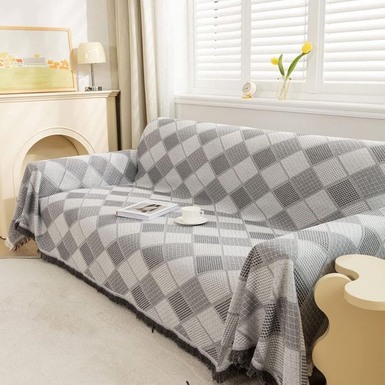 Diamantpatroon Bankkleed Deken Omkeerbaar XXL Grote bankkleed Bankhoes Decoratieve bankhoes Bankdekens voor het bedekken van sprei met kwastjes - Lichtgrijs, 180x340cm