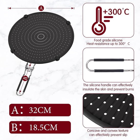 32 cm siliconen spatbescherming met inklapbare handgreep, multifunctionele spatbescherming voor pannen, universele pannen-afdekking/zeef overkookbeveiliging, spatbescherming voor pannen