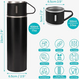 Zwarte thermosfles van roestvrij staal met deksel en 2 bekers - 500 ml dubbelwandige thermoskan met beker - lekvrije thermosfles voor warme en koude dranken