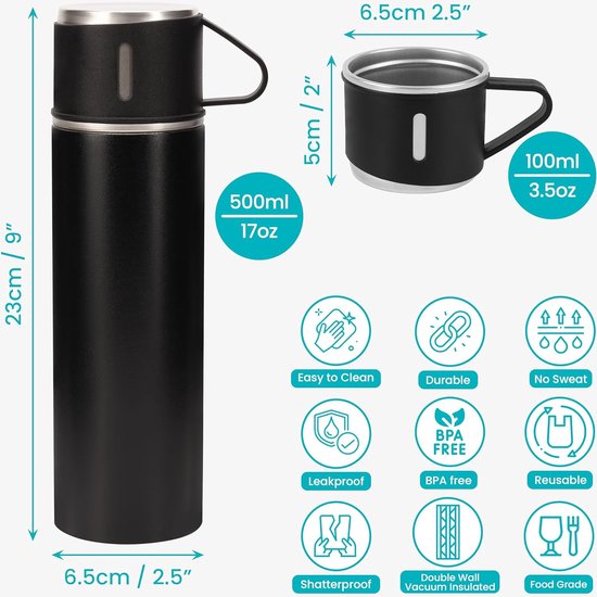 Zwarte thermosfles van roestvrij staal met deksel en 2 bekers - 500 ml dubbelwandige thermoskan met beker - lekvrije thermosfles voor warme en koude dranken