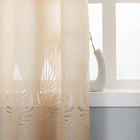 Gordijngordijn, bladeren, jacquard winkel, gordijnen, semi-transparant, stof, voile, decogordijn, lichtdoorlatend, raamgordijn, gordijn met ogen, zacht, 140 x 245 (b x h) cm, beige (1 stuk)