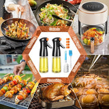 Oliesproeier, 2 stuks, lekvrije oliespuitfles, 200 ml, oliesprayer met olieborstel, flessenborstel en 4 stuks verbeterde sproeiers, olielessen-set voor koken, grillen, bakken, pasta, salades