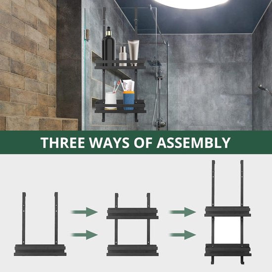 Doucheplank om op te hangen, dubbel doucherek van roestvrij staal, douchemand met eendelige haak en zuignap, badkamerrek om op te hangen boven de glazen douchewand (zwart)