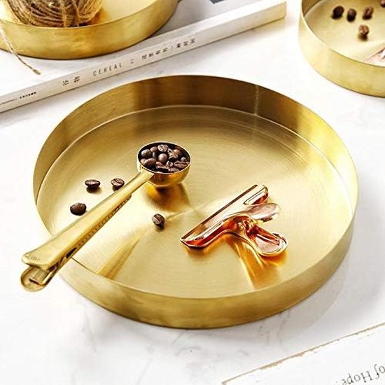 Ronde roestvrijstalen dienblad dienblad gouden sieraden en make-up organizer/kaarsplaat goud (14 cm)