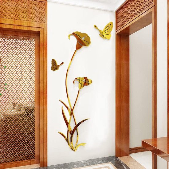 Muurtattoo bloem 3D DIY spiegel muursticker voor woonkamer muursticker voor slaapkamer wanddecoratie voor bank achtergrond TV muur achtergrond (59 x 31 inch, goud)