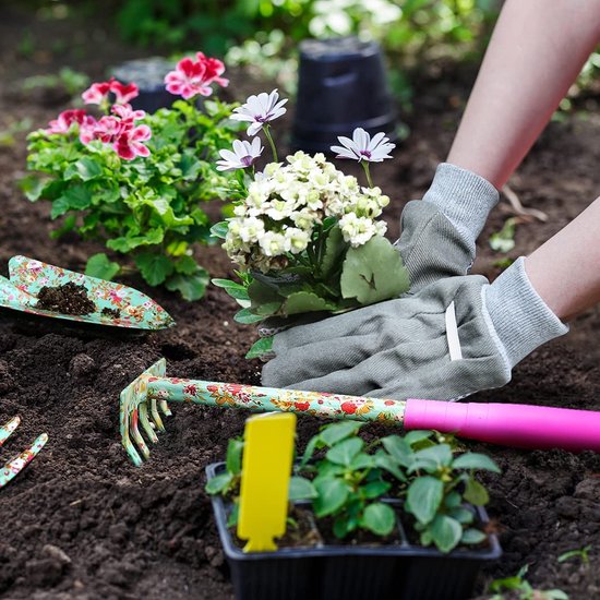 Flower Garden Tool Set 6-delige tuinset met mooie print Tuincadeaus voor vrouwen, inclusief verplantschepje, vork, handhark, cultivator, tuinhandschoenen en kniebeschermer