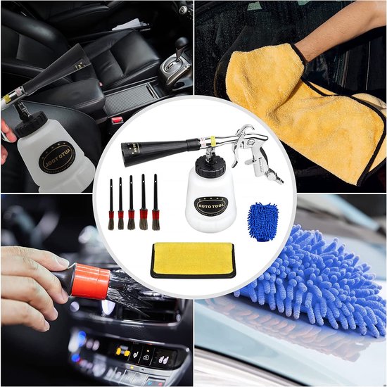 Reinigingspistool, hogedrukreinigerpistool, autoreinigingspistool, persluchtreiniger, 6 - 9,2 bar, instelbare luchtdruk, nikkel-metaalcoating, met mondstuk, handdoeken, handschoenen, borstels