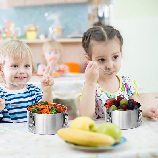 Lunchbox van roestvrij staal, ronde Lunchbox, 3 stuks, voor kinderen en volwassenen, Bento box met vakken voor werk, school en kleuterschool, met naamgravering (enkel, roestvrij staal (250/480/780 ml)