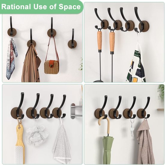 Set van 4 kapstokhaken, wandhaken, houten kapstokhaken, enkele hoeden, sleutels, handdoeken, badjassen, portemonnees, decoratieve woonkamer, badkamer, slaapkamer, kledingkast