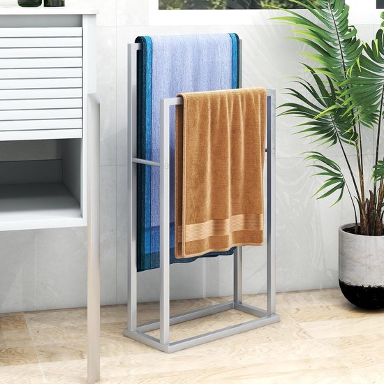 Handdoekhouder met 2 niveaus, metaal, industriële handdoekhouder, roosteroppervlak, voor badkamer, zilver