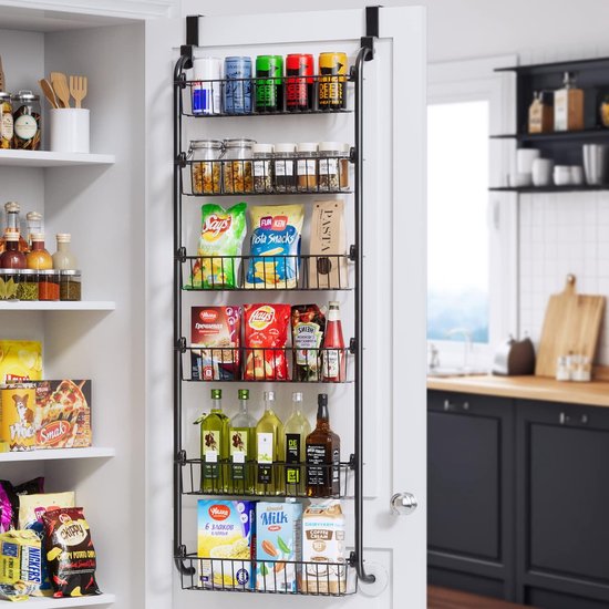 Over the Door Pantry Organiser, Metal Over the Door Organiser, 6-Tier Pantry Door Organiser, Spice Rack for Easy Installation, D5.1 x W18 x H50.4 Inch Pantry Door Storage, Black