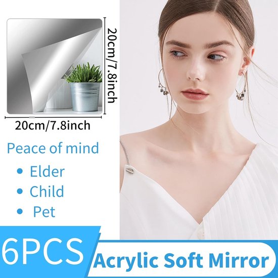 Afmetingen van de spiegelbladen: de zelfklevende spiegel is 20 cm lang en 20 cm breed en bestaat uit 4 delen