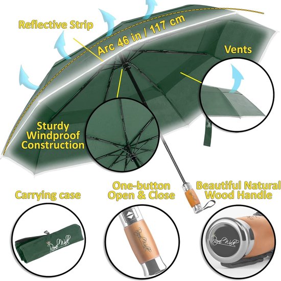 Paraplu, zakparaplu, stormvast, automatisch op en neer te zetten, dubbele dubbele, klein, stabiel scherm, overlappend met luxe echt houten handvat, voor dames en heren, donkergroen