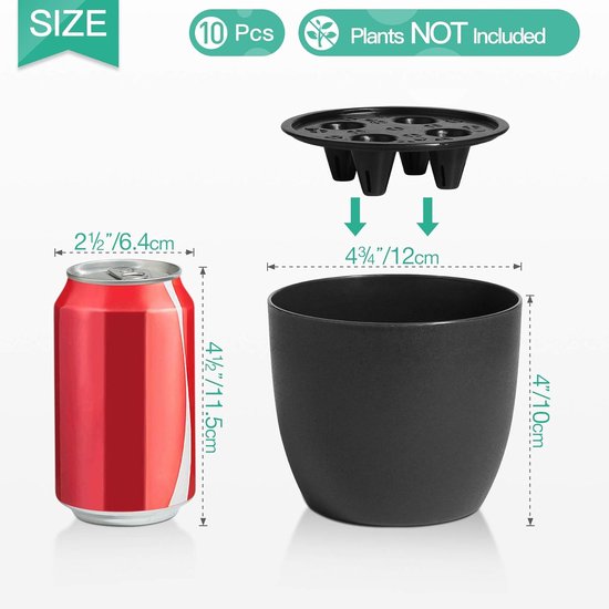 Bloempot, zelfwaterende bloempot, set van 10 stuks, klein, ideaal voor binnen en buiten, bloempot voor orchideeën, basilicum en kruiden, zelfbewaterende pot, zwart