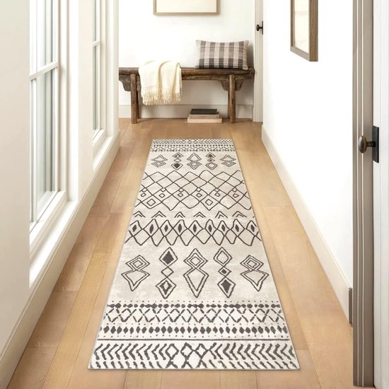 Lopertapijt 60 x 210 cm antislip lang keukentapijt wasbaar vloerkleed runner zacht microvezel geometrisch vloerkleed hardlooptapijt (beige)