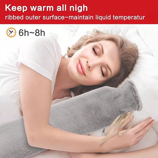 Lange kruik met donzige hoes, grote kruikenslang, 2L lange kruik met handwarmer, lange kruiken om rond te binden, XXL rubbergrijze langwerpige pluche bedfles voor dames en heren