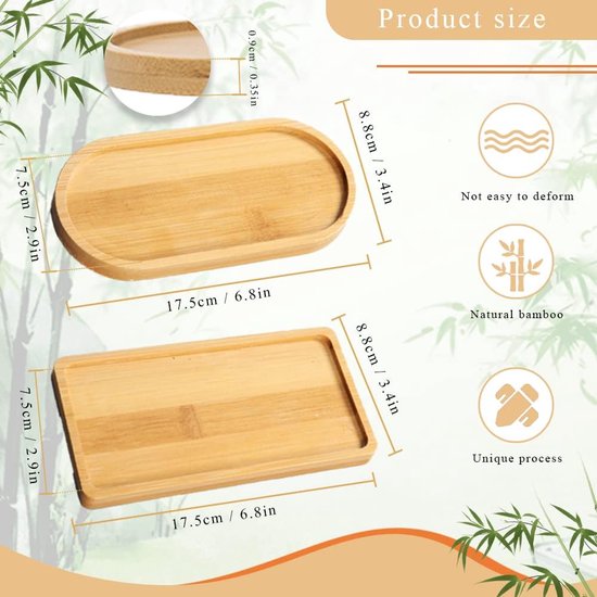 4 stuks bamboe dienblad, rechthoekig, ovaal, houten dienblad, klein bamboe dienblad, bamboedienblad, serveerplateau bamboe voor onderzetters, thee, koffie, cake