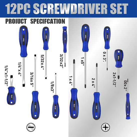 12-delige schroevendraaierset, magnetische 6 kruiskopschroevendraaiers en 6 platte koppunten, professionele antisliphandgreep voor reparaties, verbeteringen, handwerk en meer