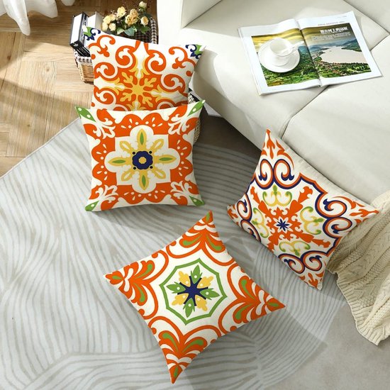 40 x 40 cm Pack of 4 Decorative Outdoor Cushions Waterproof Breathable Orange Bohemian Cushion Cover for Sofa Cushion Garden Outdoor