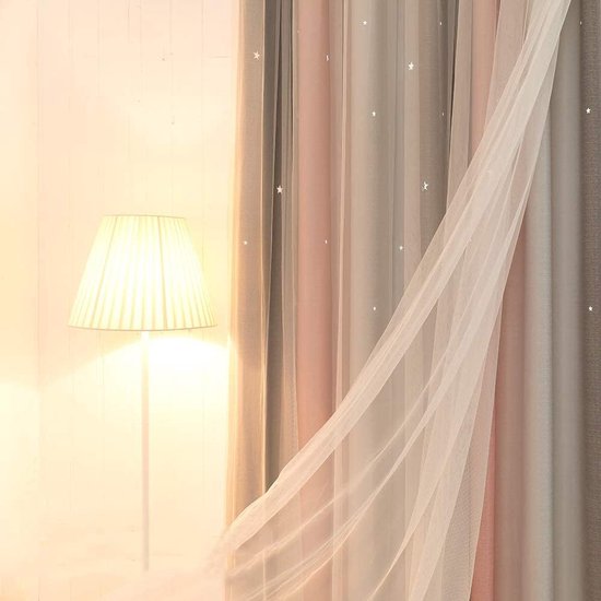 Curtains Pink Grey Shiny Stars, Opaque, Children's Room, Semi-Transparent, H 130 x W 100 cm Eyelet Set of 2 Girls' and Children's Curtains, Blackout, Living Room