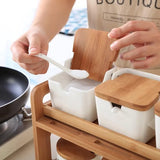 Kruidenpotjes, zoutpot met deksel, voorraaddoos, keramische suikerpot met deksel en lepel voor huis en keuken, kleine kruidendoos met houten dienblad voor zout, peper, kruiden, specerijen