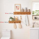 Coat Rack 70 cm, Coat Hook with 6 Hooks, Wall Coat Rack with Shelf, Wall Shelf, Solid Oak Floating Shelf, Wooden Wall for Bedroom, Living Room, Kitchen, Coats