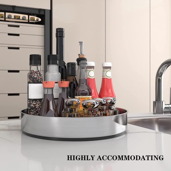 Keukenorganizer, draaiplateau, organizer, 360 graden roterende voorraaddoos voor levensmiddelen, kruidenhouder van roestvrij staal, zilver, 20 cm
