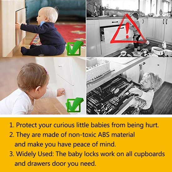 Kinderbeveiliging, kastslot, onzichtbare kastbeveiliging, montage zonder boren en schroeven, laden en keukenkastdeuren (wit)
