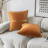 Kussenhoes set bruin, 45 x 45 cm, decoratief kussen voor woonkamer, gouden strip, decoratie, fluweel, sofakussen, zacht bankkussen, sierkussenhoes voor woonkamer, slaapkamer, set van 2