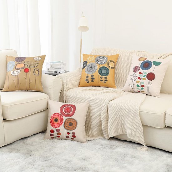 Kussensloop 45 x 45 cm, boho-kussenslopen, set van 4, decoratieve kussenslopen voor bank, kantoor, auto, slaapkamer, thuis, decoratie (bloemen-linnen)