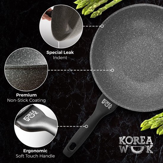 Koekenpan Premium met anti-aanbaklaag Korea Wok, Premium 5 jaar garantie, Vaatwasserbestendig | Geschikt voor alle warmtebronnen: inductie, gas, elektrisch, keramisch en halogeen | (28 cm Wok)