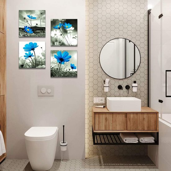 4-delige canvasafbeeldingen met blauwe bloemenmotief, kunstdruk, moderne muurfoto voor badkamer, woonkamer, wanddecoratie - 30 x 30 cm