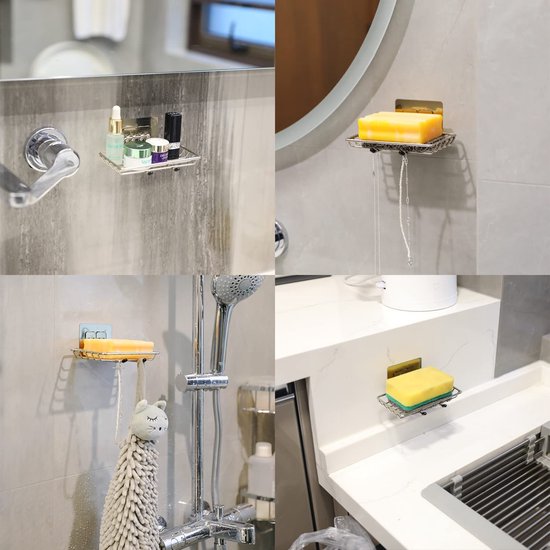 2 stuks zeepbakje douche en 2 stuks loofah zeepbakje - zeephouder zonder boren wandmontage rvs voor douche badkamer keuken, roest niet (zilver)