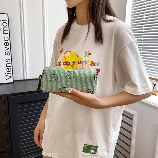 Cosmetische tas corduroy kleine toilettas dames kleine make-uptas met glimlach koord cosmeticatas dames corduroy cosmeticatas reizen cosmeticatas voor reizen meisjes dames, Groen 2