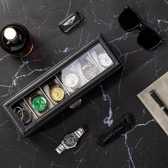 Horlogedoos met 6 vakken, horlogedoos met glazen deksel, 2 niveaus, horlogekoffer met uitneembaar horlogekussen, horlogedoos voor sieraden, ringen, armbanden en halskettingen, zwart