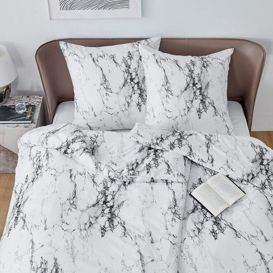 Beddengoed 135 x 200 cm, 4-delig dekbedovertrek - beddengoedset 135 x 200 cm microvezel met 2 kussenslopen 80 x 80 cm, Öko-Tex beddengoedset marmer wit patroon met ritssluiting