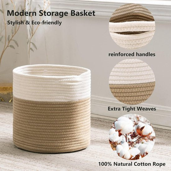 Gevlochten mand, gemaakt van katoen, voor het opbergen van speelgoed in de kinderkamer, opbergmand, decoratieve pot, mand voor de woonkamer, slaapkamer, 28 (D) x 28 (H) cm, natuurlijk.